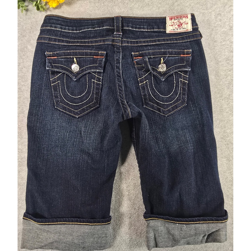 True Religion Denim Shorts Womens 31 Blue Y2K Contrast Stitch Low Rise Bermuda